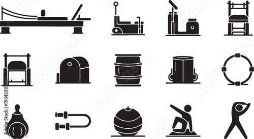 Pilates equipment icon set, black solid vector silhouettes of reformer machines and fitness tools, 15 professional studio workout elements isolated PNG with Transparent Background