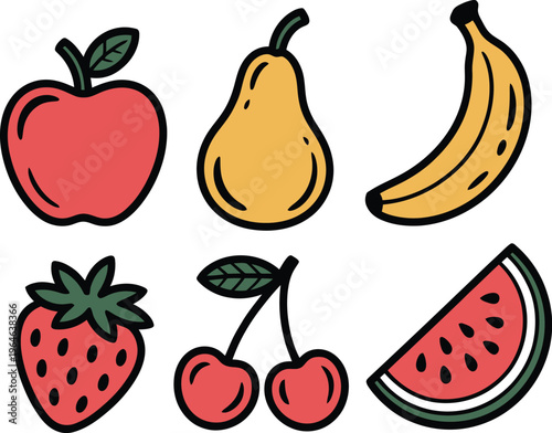 A colorful illustration of various fruits in a cartoon style