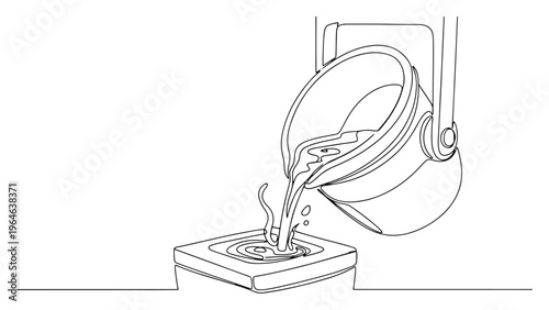 Continuous line drawing of molten metal pouring from a ladle into a mold for casting