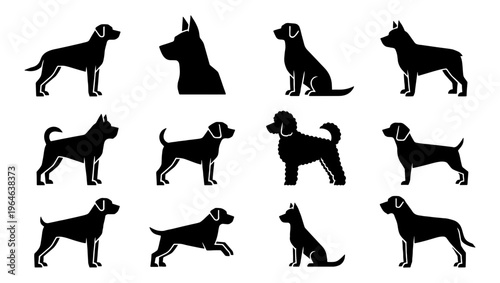 Black dog silhouettes collection, 12 vector animal icons of various breeds, minimalist pet profile graphics for veterinary and kennel branding