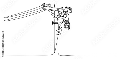 Continuous line drawing of a lineman electrician working on a utility pole repairing power lines