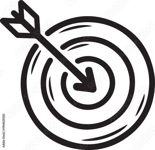A black and white line art icon of an arrow striking the exact center of a target board .