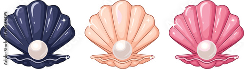 Set of seashells with pearls in different colors isolated on white background ocean marine vector illustration collection