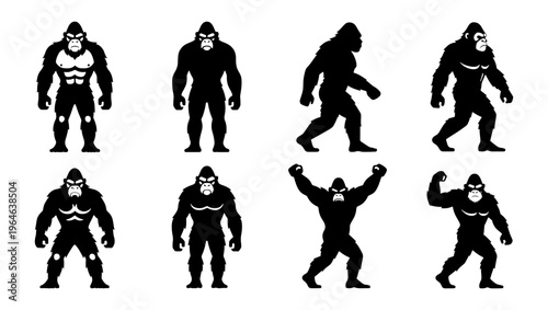 Gorilla silhouette vector set, 8 powerful ape mascot icons, black and white primate character collection for sports logos and gym branding