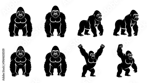 Powerful gorilla silhouette collection, set of 8 silverback ape vector icons, muscular primate mascots in various poses for gym and sports branding
