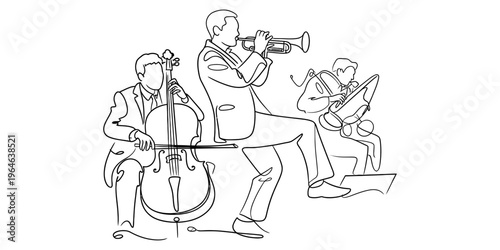 A black and white line art illustration showing a musical trio performing with different instruments Vector, illustration