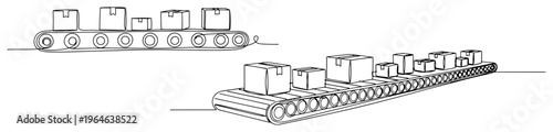Continuous line drawing of cardboard boxes moving on industrial conveyor belts in a warehouse