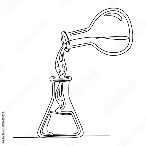 One line drawing of chemical liquid pouring from a round bottom flask into a conical flask