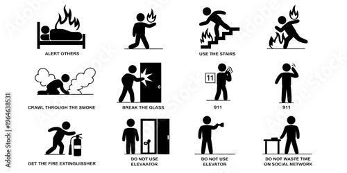 A collection of twelve simple black and white pictograms illustrating essential fire safety tips Vector, illustration