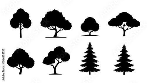 Black tree silhouettes collection, set of 8 vector deciduous and coniferous tree shapes, minimalist forest plant icons for landscape design