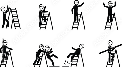 Safety Awareness Stick Figure Set Showing Proper and Dangerous Ladder Use with Construction Workers Falling Risking Injury and Following Correct Height Safety Protocols Workspace