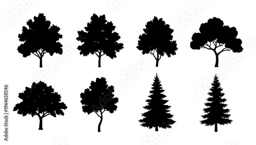 Black tree silhouettes collection, set of 8 forest tree vector icons, deciduous and coniferous pine tree shapes for landscape design and architectural mapping