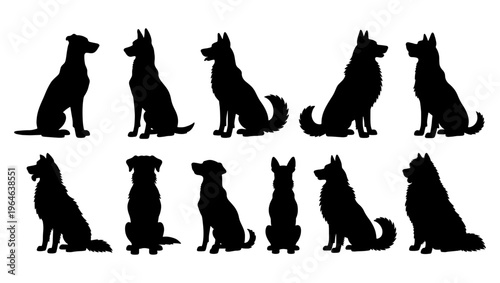 Dog silhouette collection of 11 sitting canine breeds, black animal silhouettes on white background, domestic pet vector set for logos
