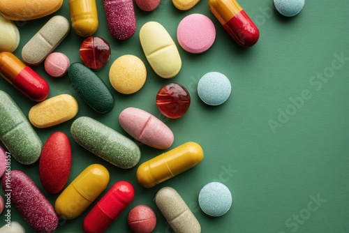 Colorful pills on green background