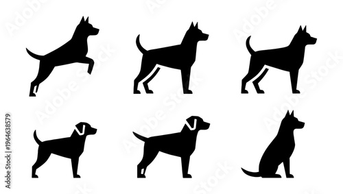 Minimalist dog silhouette collection, set of 6 black canine vector icons, modern pet animal profile graphics for logo design and branding