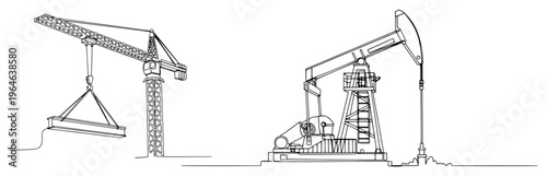 Continuous line illustration of a construction tower crane lifting a beam and an oil pump jack