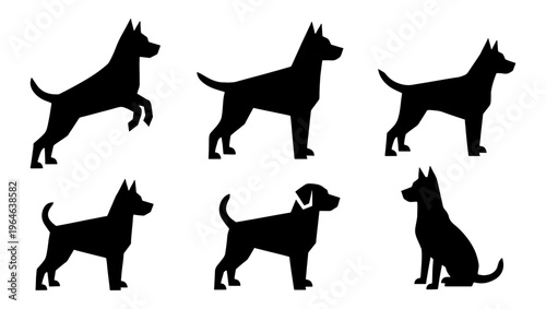 Black dog silhouettes in various poses, set of 6 canine vector icons, domestic pet animal shapes for logo design and pet shop branding