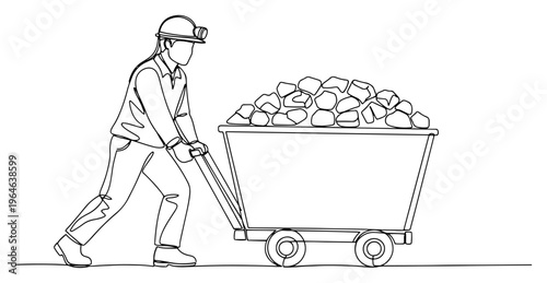 One line drawing of a miner in a safety helmet pushing a trolley cart full of coal