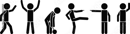 Stick Figure Action Icon Set Featuring People Waving Jumping Bowing Kicking and Pointing Poses Representing Various Human Emotions Communication and Body Language Silhouette Vector Illustration