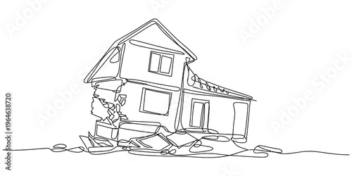 A single continuous line drawing of a residential house collapsing during a massive earthquake Vector, illustration