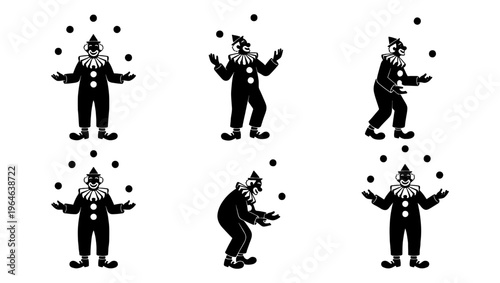 Vintage circus clown juggling balls vector set, black and white harlequin performer silhouettes, 6 retro carnival entertainer icons