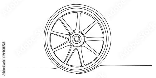 One line drawing of a vintage spoked wooden wagon wheel