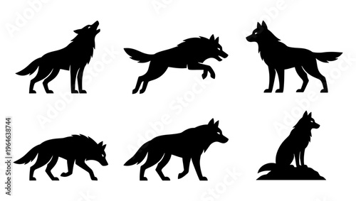 Wolf silhouette collection with 6 vector elements, howling and running wild wolf pack icons, black coyote and husky animal shapes for logos