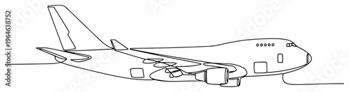 Continuous line drawing of a large commercial airplane flying in the sky