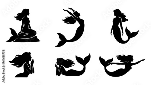 Mermaid silhouette vector collection, 6 mythical sea creature icons, black siren silhouettes for nautical branding and ocean themed design