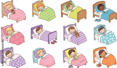 Cute Kids Sleeping in Bed Cartoon Vector Set with Different Sleeping Positions, Blankets, Pajamas and 