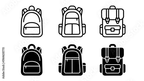 Backpack icon set with 6 vector elements, school bag and travel rucksack line and glyph icons, hiking equipment and student backpack collection