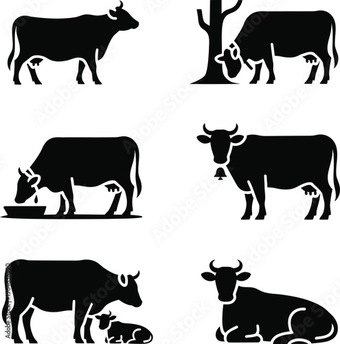 Black silhouettes of cows in various poses on white background