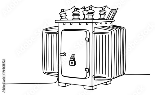 Continuous line drawing of a high voltage industrial electrical transformer box with insulators