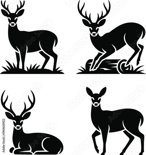 Black silhouettes of deer in various poses on white background