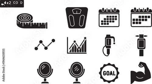 Minimalist fitness and weight loss icon set, black solid vector symbols for gym tracking, health progress and body transformation goals isolated PNG with Transparent Background