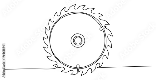 One line illustration of a sharp steel circular saw blade for industrial woodworking