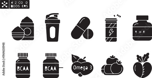 Black silhouette fitness supplements icon set, 42 boosters and sports nutrition elements vector, BCAA bottles and omega 3 capsules for bodybuilding isolated PNG with Transparent Background