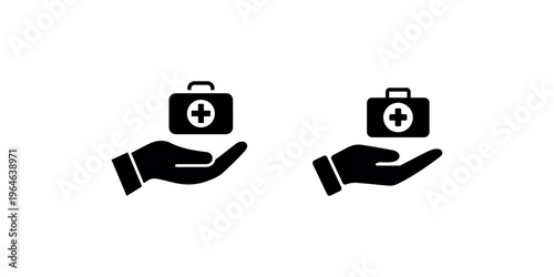 Medical first aid kit on hand icon set representing healthcare support and emergency services for clinical assistance in professional medical environments