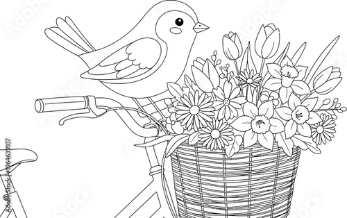 Charming black and white coloring page featuring a cute little bird perched upon a bicycle handlebar beside a basket full of spring flowers.