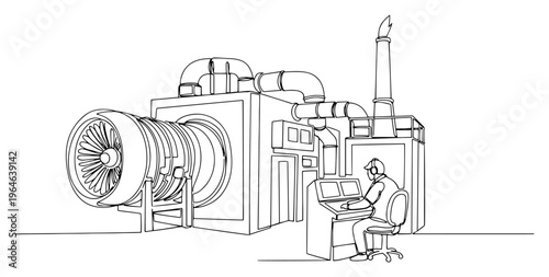 Continuous line drawing of a professional technician operating a control panel in an industrial turbine testing facility