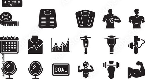 Fitness and weight loss icons set, 15 black silhouette gym and bodybuilding vector elements, health tracking and workout progress symbols isolated PNG with Transparent Background