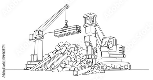 One line illustration of a dynamic construction site with a lifting crane and heavy demolition machinery in action