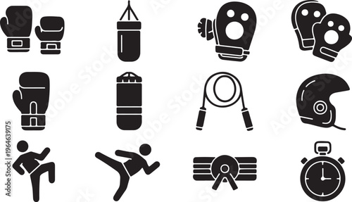 Boxing and martial arts icon set, black silhouette combat sports equipment vector, kickboxing training gear and fitness gym elements isolated PNG with Transparent Background