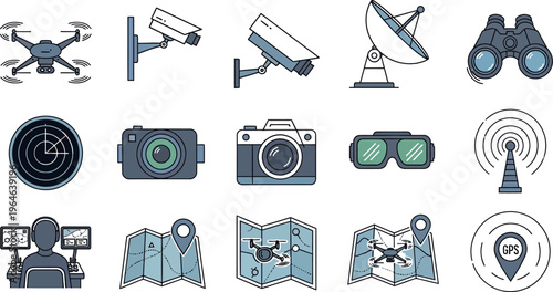 A collection of surveillance and technology icons depicting various monitoring devices used for security observation and navigation purposes