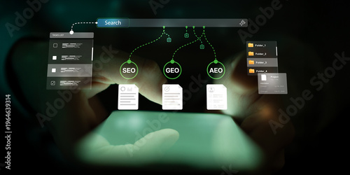 Εκτύπωση καμβά Website Search Optimization Dashboard Showing SEO GEO AEO Content Strategy and Ranking Monitoring