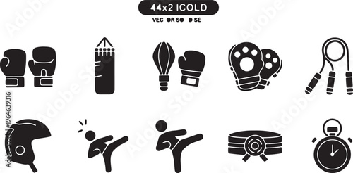 Boxing and martial arts equipment icons, set of 44x2 black solid vector symbols, combat sports gear for gym training and fitness branding isolated PNG with Transparent Background