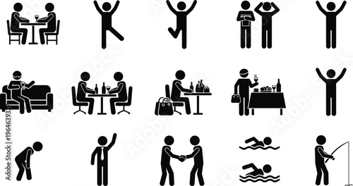 Stick Figure Lifestyle Icon Set Featuring People Dining Drinking Wine Swimming Fishing Shaking Hands and Socializing in Various Poses for Leisure and Business Communication Design