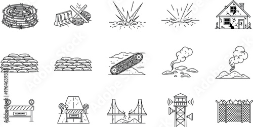 A comprehensive set of line icons illustrating various aspects of war, military conflict, and destruction, perfect for projects depicting global tensions and security issues.