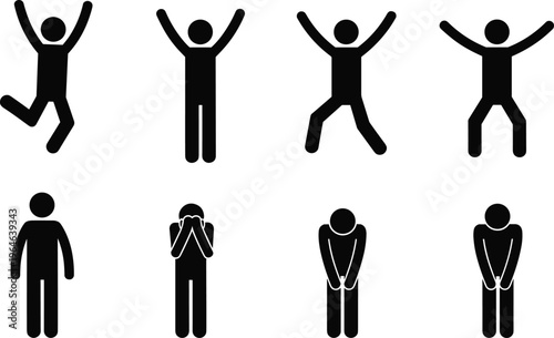 Stick Figure Man Icon Set Featuring Diverse Human Emotions And Body Language Including Jumping For Joy Standing Hiding Face Feeling Ashamed And Success Poses Vector