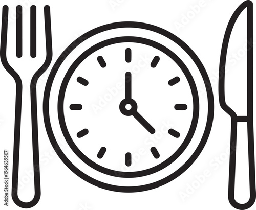 Line art icon of a plate shaped like a clock representing meal time fasting and lunch hour